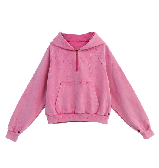 Thrashed Quarter Zip Hoodie - Pink