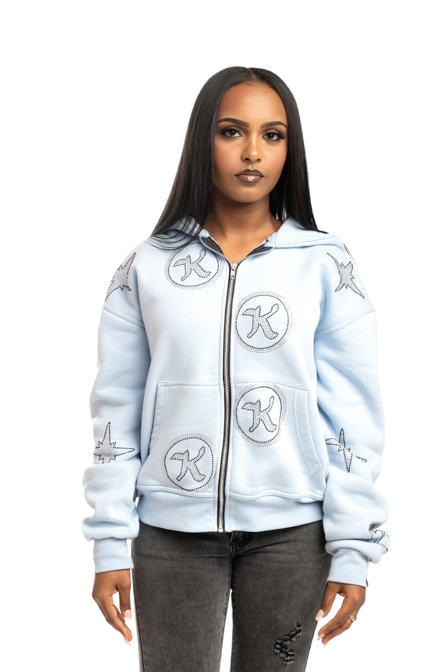 Rhinestone Zip-Up Hoodie